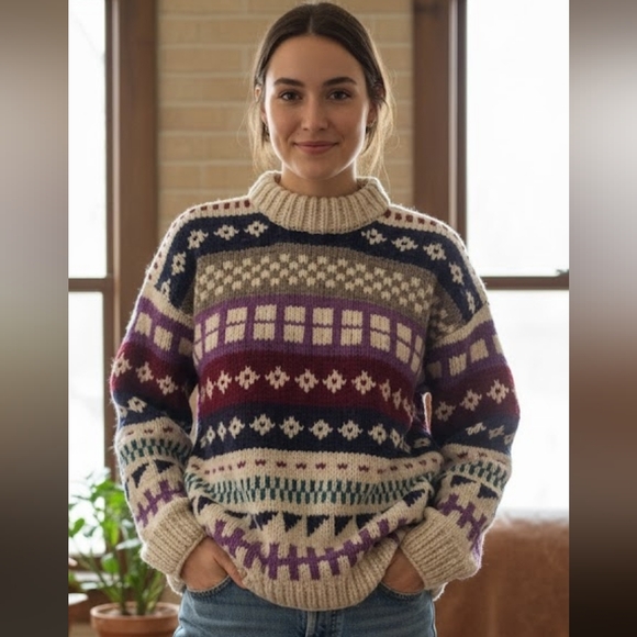 Cottagecore Grandpa Sweater Geometric Print Vintage Chunky Knit - Picture 1 of 15